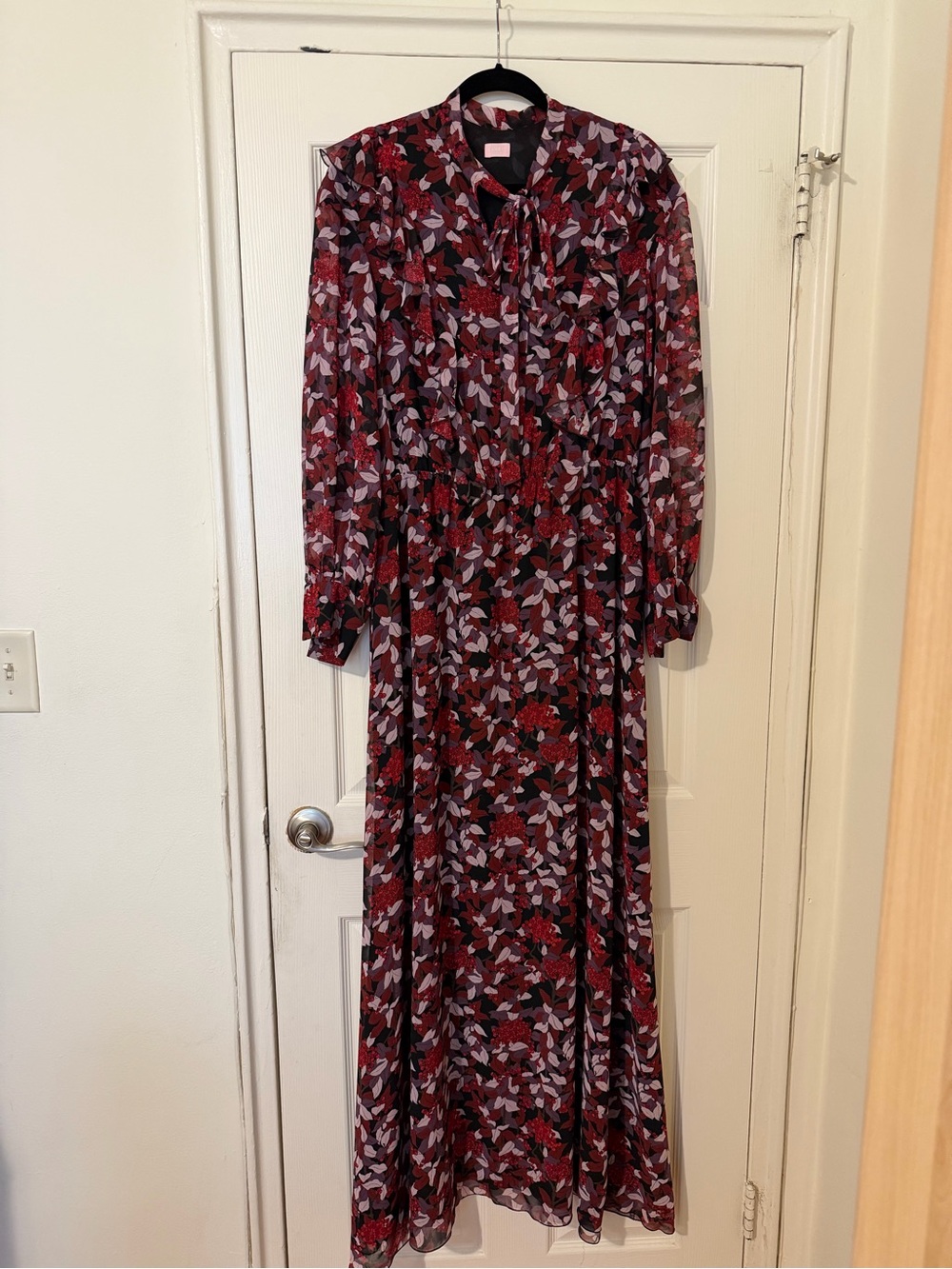 Giambattists Valli Tie-Neck Red Floral Maxi Dress with Long Sleeves Size Medium